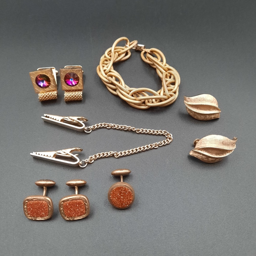 Vintage Jewelry Lot Cufflinks Tie Chain Trifari Clip-Ons Goldstone